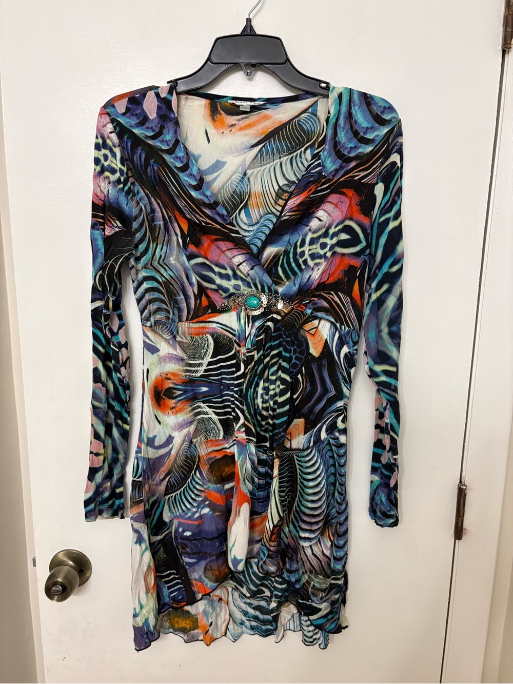 Alberto Makali Abstract Print Dress Long Sleeve Turquoise Buckle Y2K Medium M